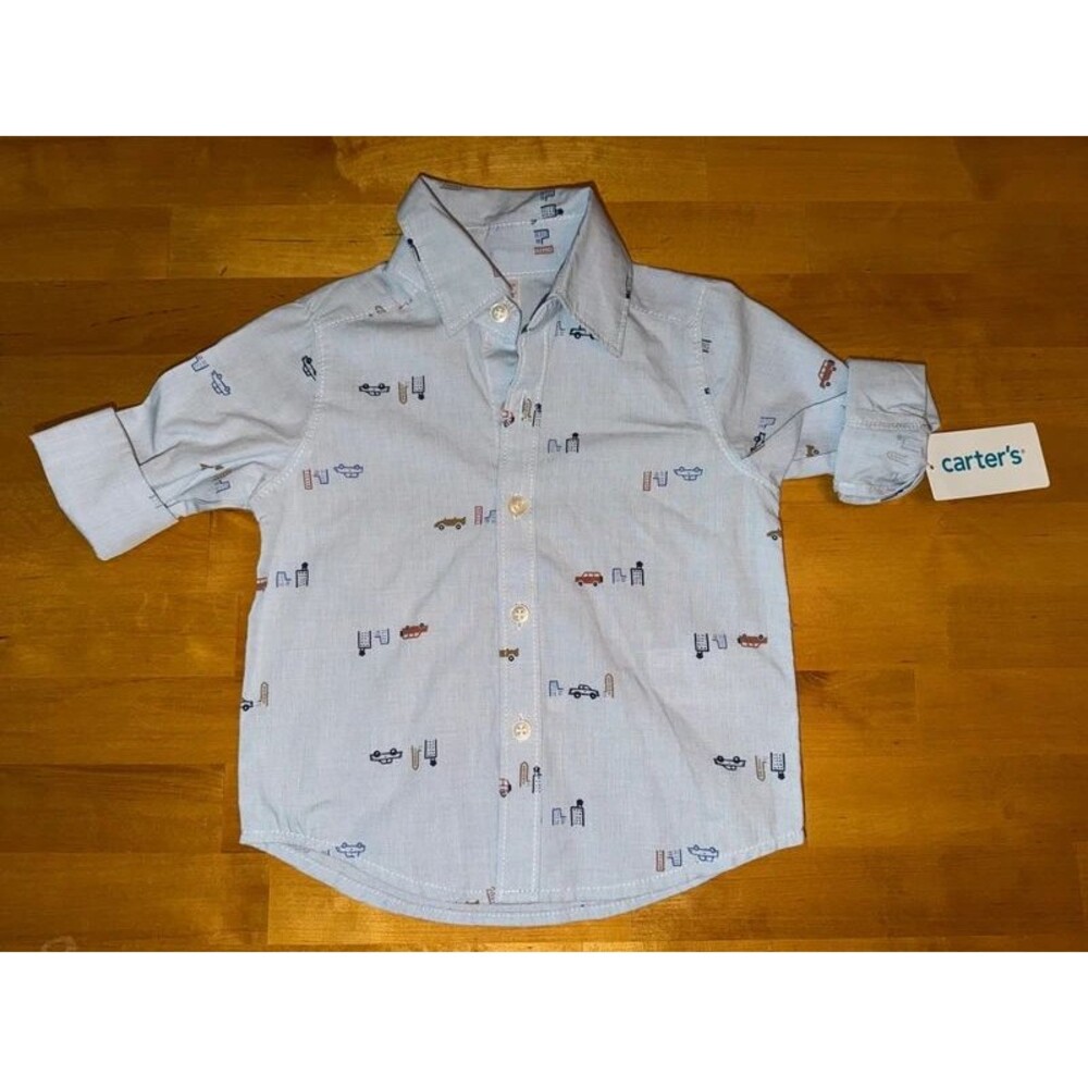 Carter’s Baby Boy 9 Month Button Up Polo Blue with Cars NWT